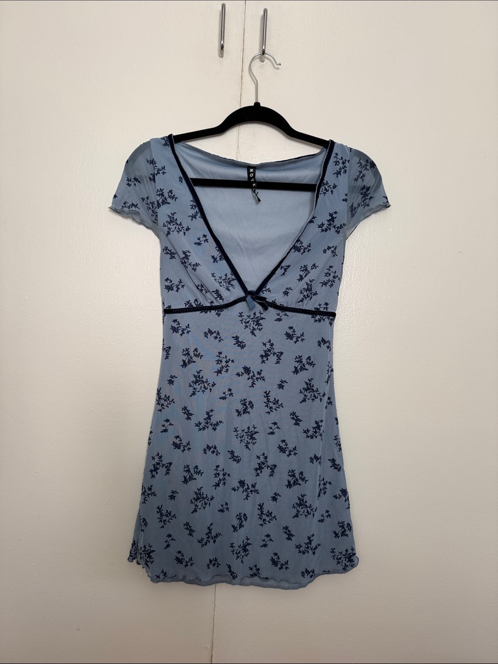 Motel Rocks Light Blue Floral V-Neck Mini Dress with Navy Trim